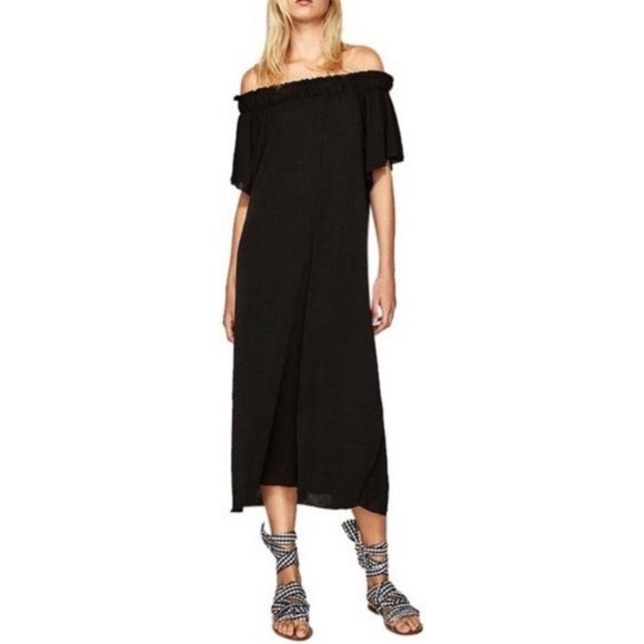 black off the shoulder dress zara How stunning is this black velvet dress from @zara ? Dress @zara Shoe @zara Comment for links It has intricate sequins at the top and a chic half-shoulder design, this ensemble exudes glamour and